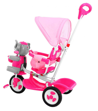 3-kołowy Rowerek dla dzieci Słonik Różowy + Dźwięki + Daszek + Barierka + Podnóżek + Rączka + Schowek