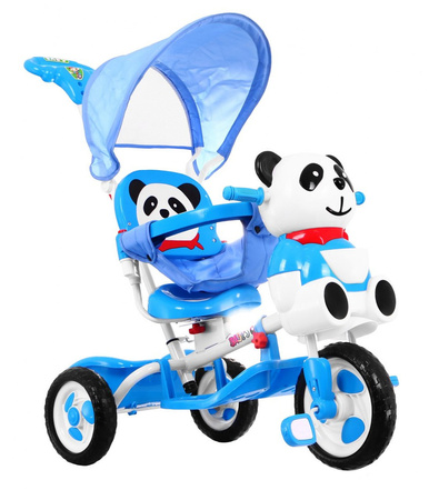 3-kołowy Rowerek dla dzieci Panda Niebieski + Dźwięki + Daszek + Barierka + Podnóżek + Rączka + Schowek