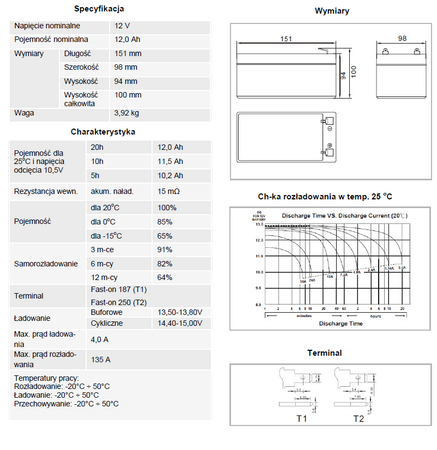 AKUMULATOR AGM -MW-12AH-12V, ŻYWOTNOŚĆ 6-9 LAT