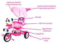3-kołowy Rowerek dla dzieci Panda Różowy + Dźwięki + Daszek + Barierka + Podnóżek + Rączka + Schowek